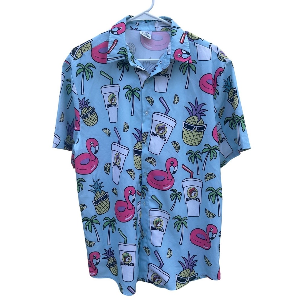 Buc-ee's Hawaiian Shirt Mens M Blue Flamingo Pineapple‎ Button Up Aloha